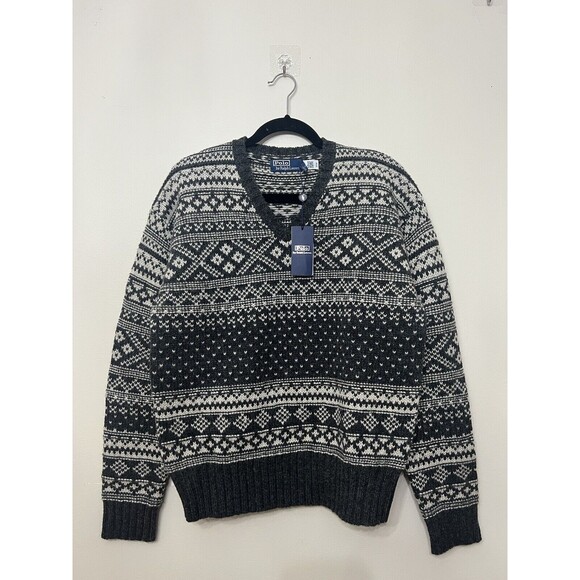 Polo Ralph Lauren Men's size M Fair Isle 100% Wool V-Neck Sweater